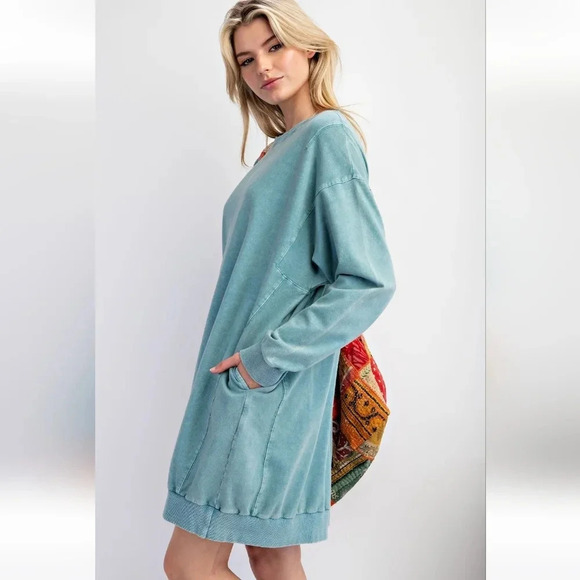 New Easel Mineral Washed Cotton Knit Long Sleeve Pullover Dress - Picture 4 of 6